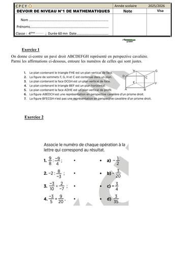 DEVOIR DE maths NIVEAU 4ième CPCY 2026 BY TEHUA