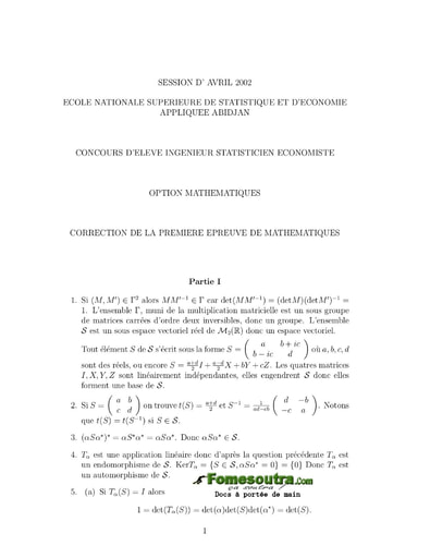 Corrigé 1ère épreuve de maths ISE option maths 2002 (ENSEA)