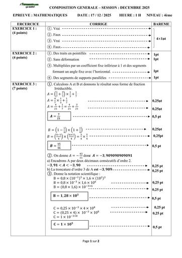 Corrigé et barême compositions générales décembre 2025 niveau 4ème by TEHUA