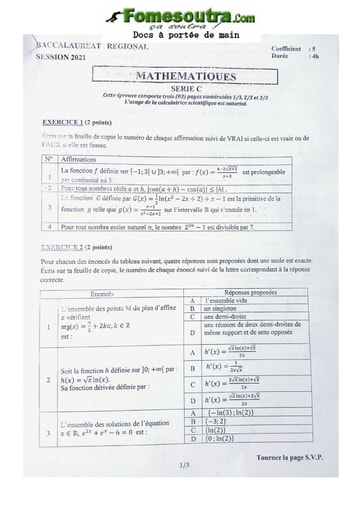 Sujet de Mathématique du BAC Régional Série C