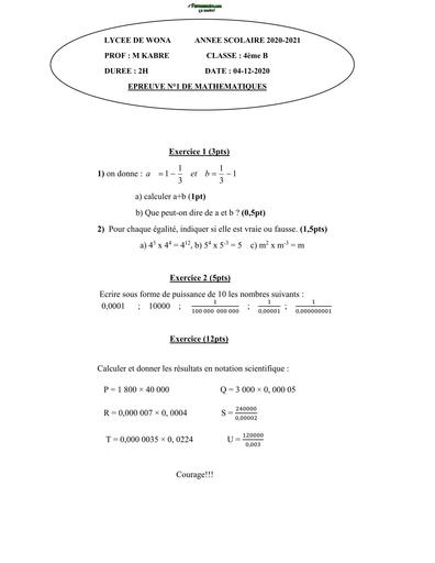 DEVOIR de maths 4ième wona N1 by TEHUA