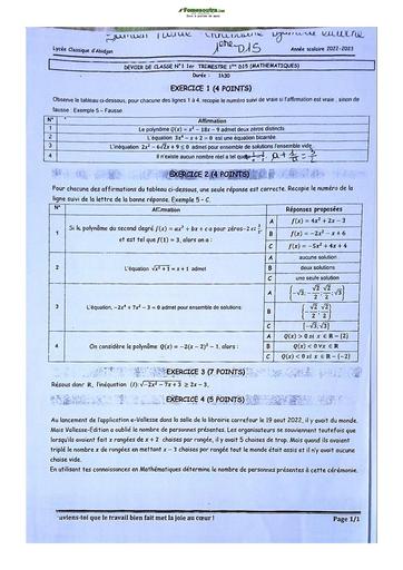 Sujet de Mathématique Première D Lycée Classique Abidjan 2022-2023