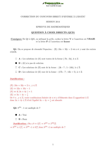 Sujet corrigé de Mathématiques Concours direct d’entrée à l'ESATIC session 2014