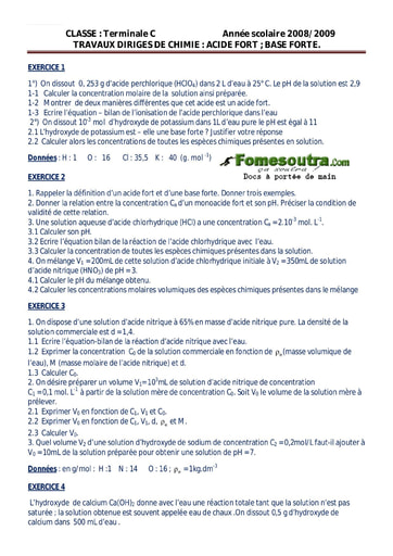 Sujet (3) Acide fort / Base fort - Chimie Terminale C