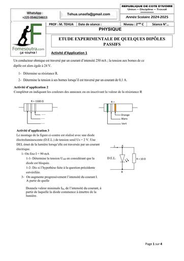 FICHE DE TRAVAUX DIRIGES PHYSIQUE 2nde C ETUDE EXPERIMENTALE DE QUELQUES DIPÔLES PASSIFS