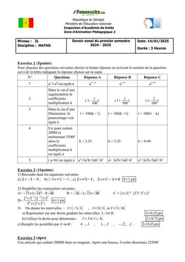 Devoir zonal MATHS 2nde L semestre 1 2024 2025