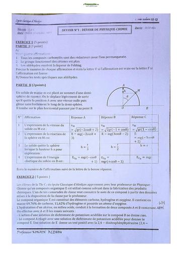 Sujets de Physique-Chimie Terminale C Lycée Classique 22-23