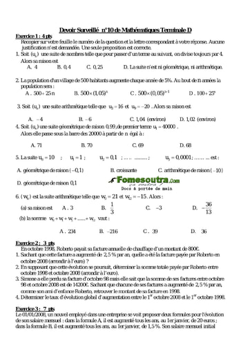 Devoir corrigé (23) de maths niveau Terminale D