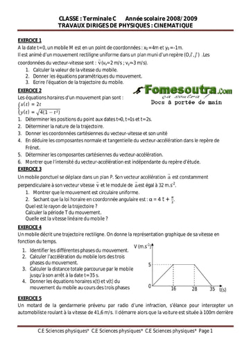 Sujet (1) Cinématique - Physique Terminale C