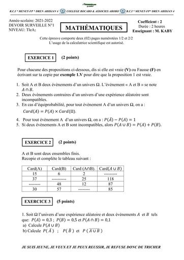DEVOIR DE NIVEAU MATHS Tle A2 TRIMESTRE 2 BOCABO 2022 BY TEHUA