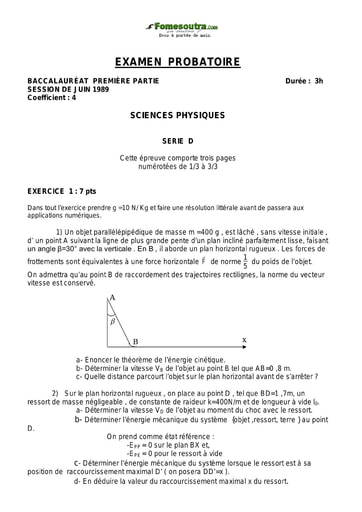 Sujet de Physique-Chimie 1 ère D examen Probatoire 1989