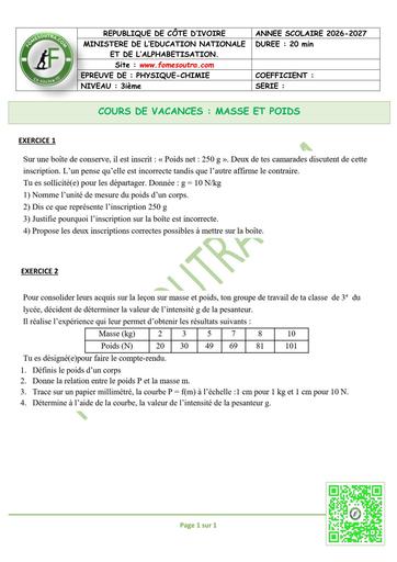 FICHE 3 PC 3ième L1 MASSE ET POIDS D’UN CORPS by TEHUA