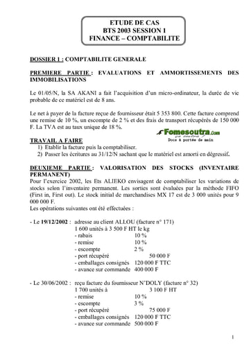 Sujet corrigé Etude de Cas BTS Finances Comptabilité 2003