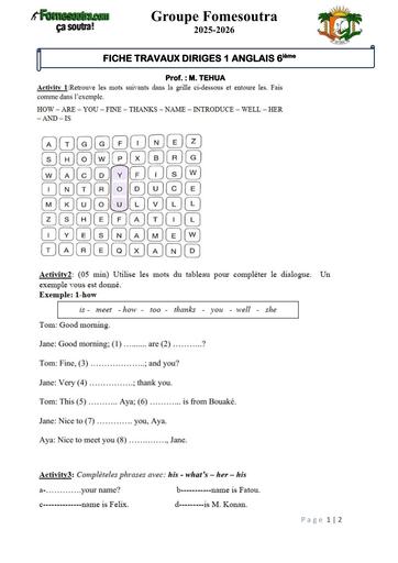 FICHE TRAVAUX DIRIGES 1 ANGLAIS 6ième by Tehua