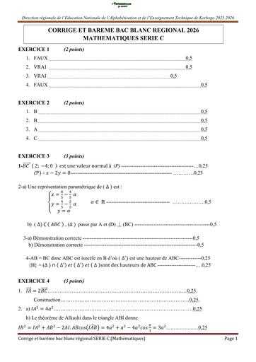 BAC BLANC 2026 DRENA KORHOGO SUJET MATHS SERIE C (BAREME) by TEHUA