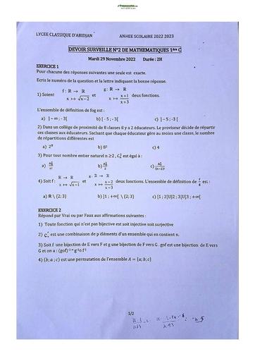 Sujets de mathématiques Première C Lycée Classique Abidjan 22-23