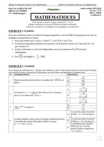 BAC BLANC San pedro 2024 Maths SERIE D by Tehua