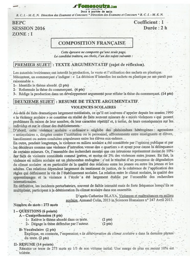 Sujet corrigé et barème Composition Française BEPC 2016 Zone 1
