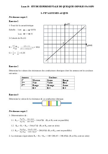 Corrigé Leçon 10   Etude expérimentale de quelques dipoles passifs envoyé
