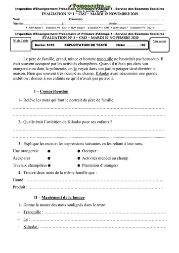 Sujet Exploitation de texte - CM2 - Inspection d’Enseignement Préscolaire et Primaire d’Adzopé 1