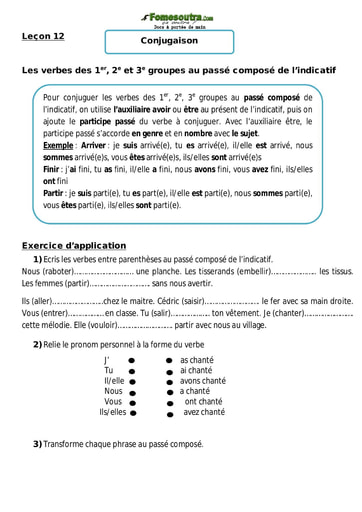 Les verbes des 1er, 2e et 3e groupes au passé composé de l’indicatif - Cours CM1