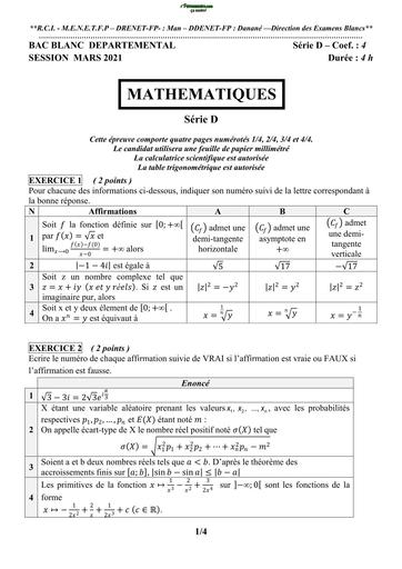 BAC Blanc 2021 Maths Tle D DREN  Danané 2021 BY TEHUA