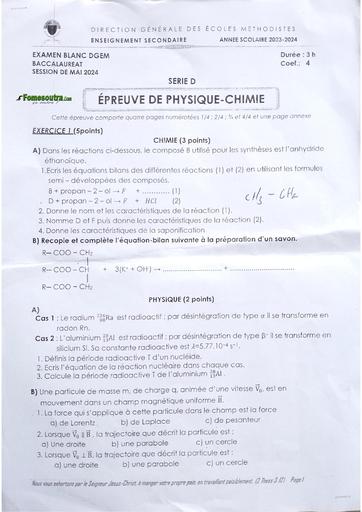 Examen Bac blanc Mai 2024 Fin d'année DGEM CSM Cocody Epreuve PC by Tehua
