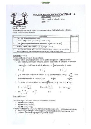 Sujets de mathématiques Première C Lycée Classique Abidjan 2022-2023