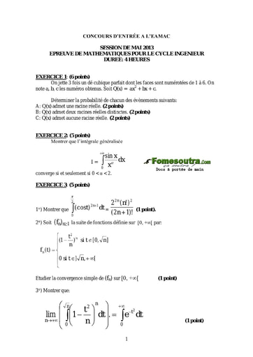 Sujet de Maths concours EAMAC cycle Ingénieur session 2013