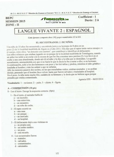 Sujet corrigé et barème d'Espagnol BEPC 2015 Zone 2
