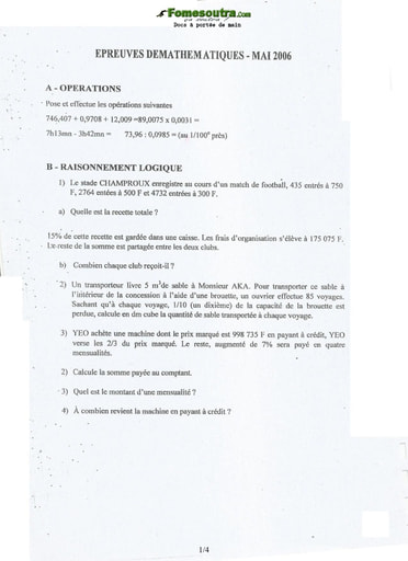 Sujet et corrigé de Mathématiques concours d’entrée à l'EMPT Bingerville 2006