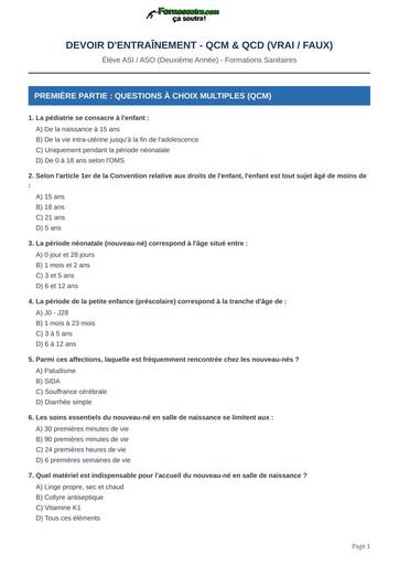 INFAS devoir qcm qcd ORMATION SANITAIRE 2A BY TEHUA