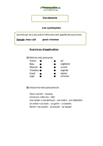 Les synonymes - Cours CM1