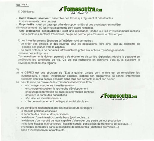 Corrigé Economie Générale portant sur l'investissement en Cote d'Ivoire - BTS blanc Chambre de Commerce