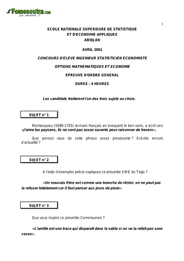 Sujet d'ordre générale ISE 2001 (ENSEA)