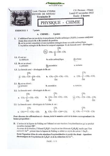 Sujet Physiques-Chimie Lycée Classique Abidjan 2022-2023