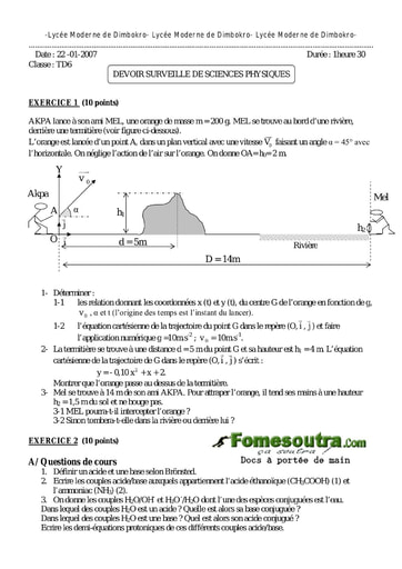 Devoir 17 Physique-Chimie niveau Terminale D Lycée  Moderne Dimbokro