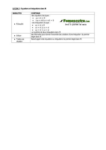 Equations et inéquations du premier degré dans IR 2 - Guide pédagogique Maths 3ème