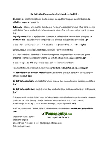 Corrigé Micro-Economie 1 Licence Professionnelle 1ere anneé - PIGIER