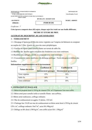 BTP SUJET Etude de cas BTS BLANC 2018 BY TEHUA