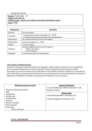 FICHE DE COURS PHYSIQUE Tle D L11 OSCILLATIONS ELECTRIQUE LIBRE DANS UNCIRCUIT RLC