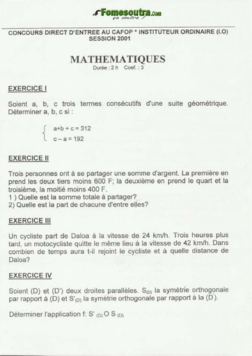 Sujet de Maths CAFOP 2001