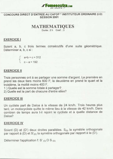 Sujet de Maths CAFOP 2001