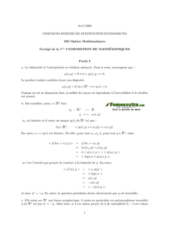 Corrigé Sujet 1ère épreuve de maths ISE option maths 2009 (ENSEA - ISSEA - ENSAE)