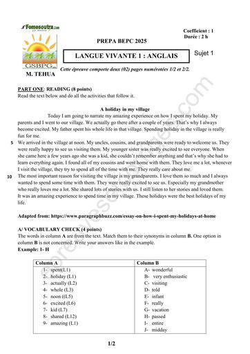 PREPA BEPC 2025 ANGLAIS FICHE 1 BY TEHUA