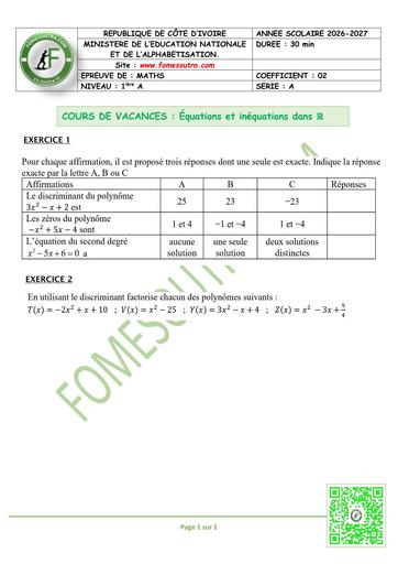 FICHE 1 MATHS 1ière A EQUATIONS ET INEQUATIONS DANS R BY TEHUA