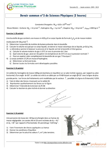 Devoir (4) corrigé de Sciences Physiques niveau Seconde S - Lycée Limamou Laye - Année scolaire 2009-2010