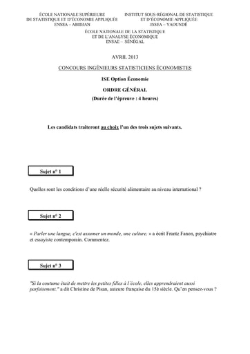 Sujet d'ordre générale ISE option Economie 2013 (ENSEA - ISSEA - ENSAE)