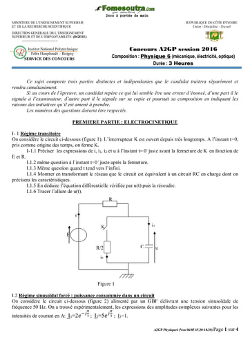 Sujet de Physique 6 (mécanique, électricité, optique) concours A2GP 2016