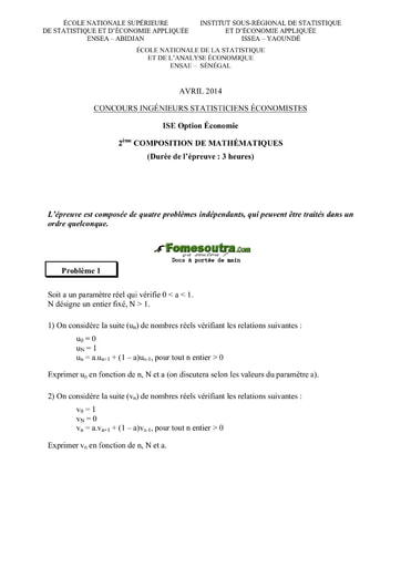 Sujet 2ème épreuve de maths ISE option économie 2014 (ENSEA - ISSEA - ENSAE)